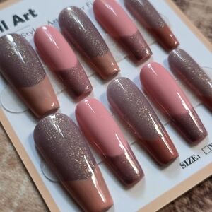 80. Elegant Pink and Brown Glitter Press-On Nails